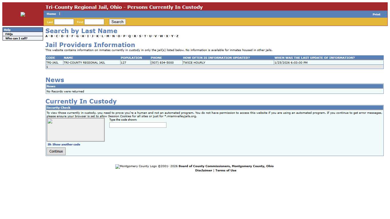 Tri-County Regional Jail, Ohio - Persons Currently In Custody